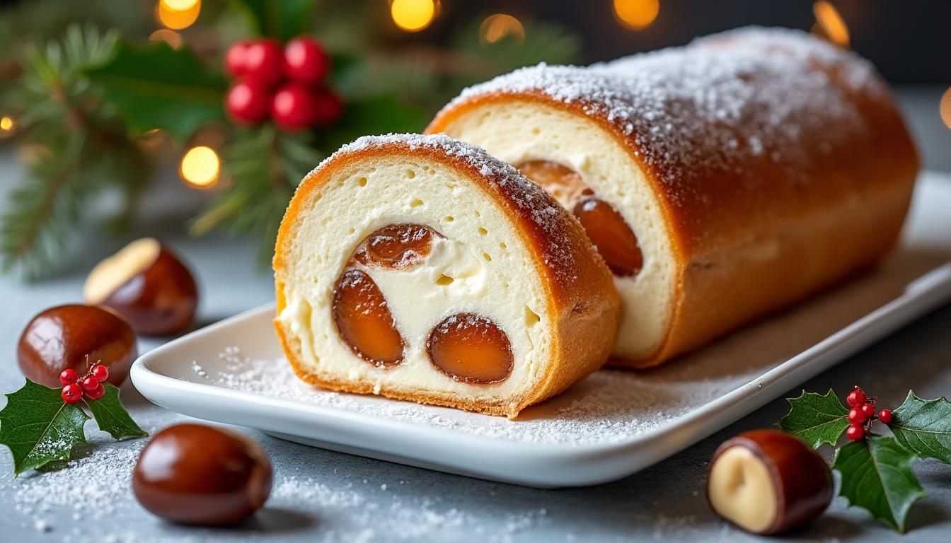 découvrez notre bûche de noël glacée, un mariage exquis de vanille onctueuse et de marrons glacés délicats, pour une fête gourmande et raffinée.