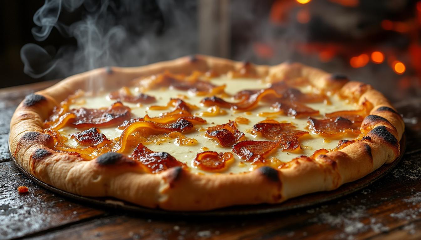 savourez la véritable tarte flambée alsacienne, aussi appelée flammekueche, une spécialité traditionnelle d'alsace à base de pâte fine, crème fraîche, oignons et lardons, parfaite pour une expérience culinaire authentique.
