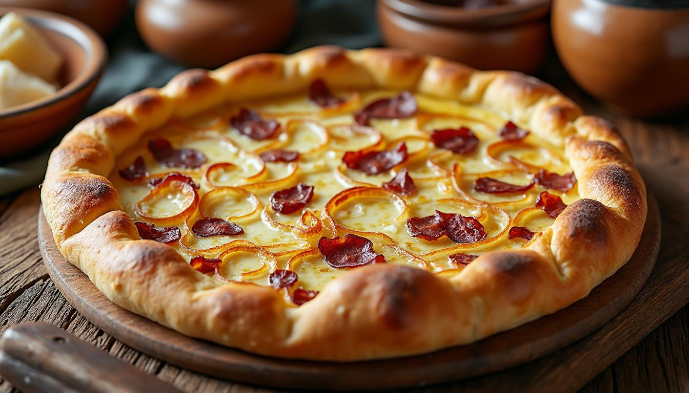 savourez l'authentique tarte flambée alsacienne, la délicieuse flammekueche traditionnelle préparée avec soin selon les recettes typiques d'alsace.