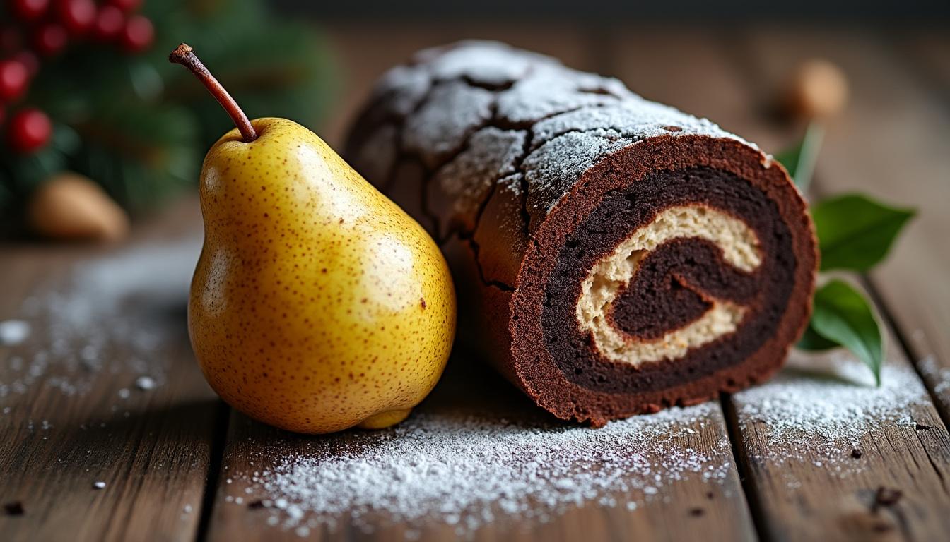 savourez une bûche de noël exquise alliant la douceur de la poire à la richesse du chocolat fondant, parfaite pour un dessert de fête gourmand et raffiné.