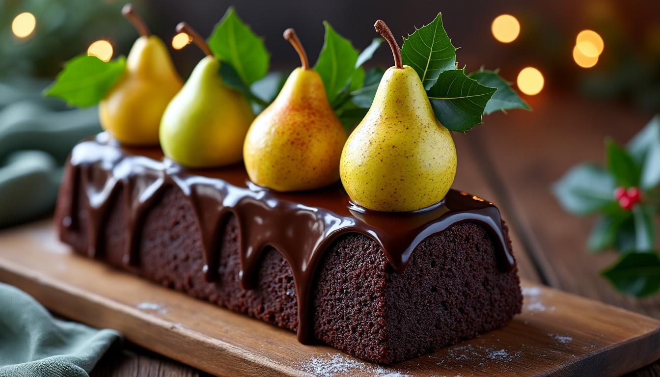 savourez la magie des fêtes avec notre bûche de noël poire et chocolat fondant, un dessert gourmand et raffiné pour émerveiller vos papilles.