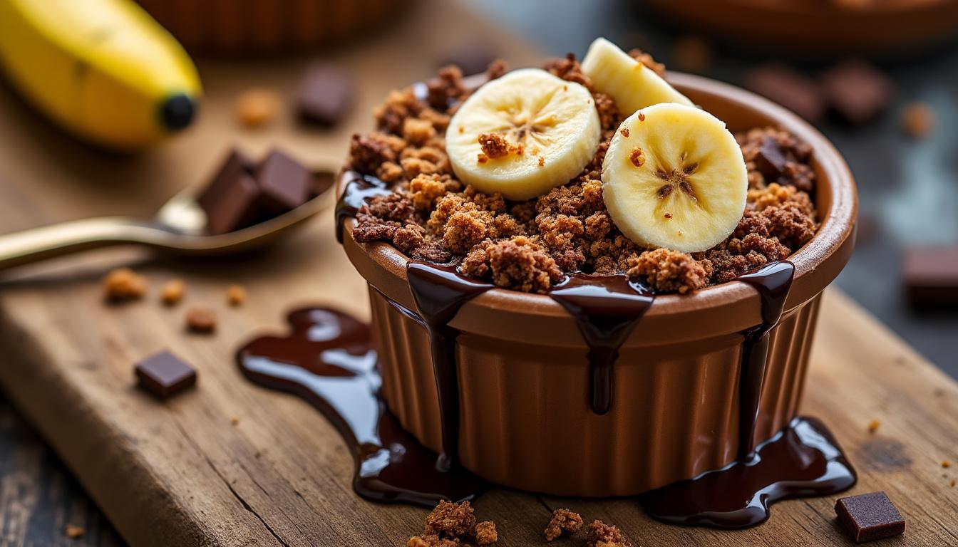 savourez un délicieux crumble fondant alliant douceur de la banane et richesse du chocolat, parfait pour un dessert gourmand et facile à préparer.