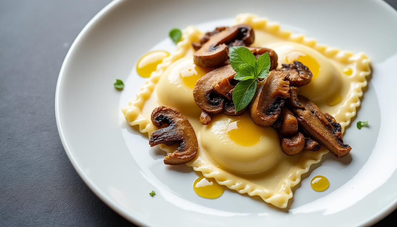 découvrez nos ravioles de foie gras délicatement parfumées aux champignons sauvages, une gourmandise automnale qui ravira vos papilles.