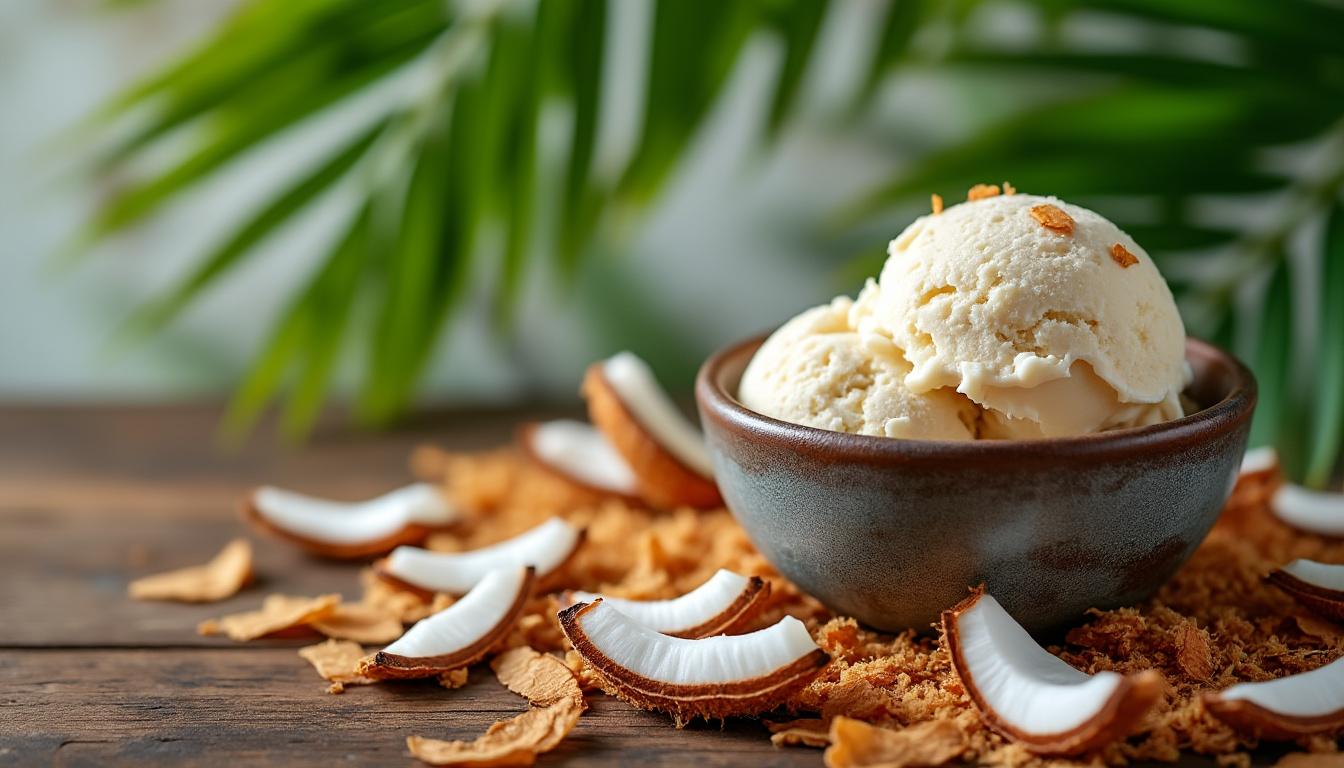 savourez notre délice glacé à la noix de coco, une fraîcheur exotique qui fond délicatement en bouche à chaque cuillerée. parfait pour se rafraîchir avec un goût tropical authentique.