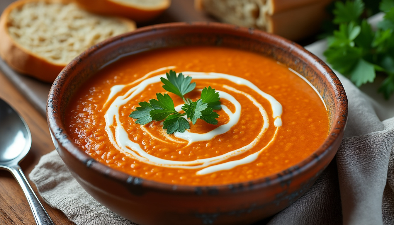 savourez une soupe onctueuse de lentilles corail, un délice réconfortant parfait pour réchauffer vos repas avec douceur et gourmandise.