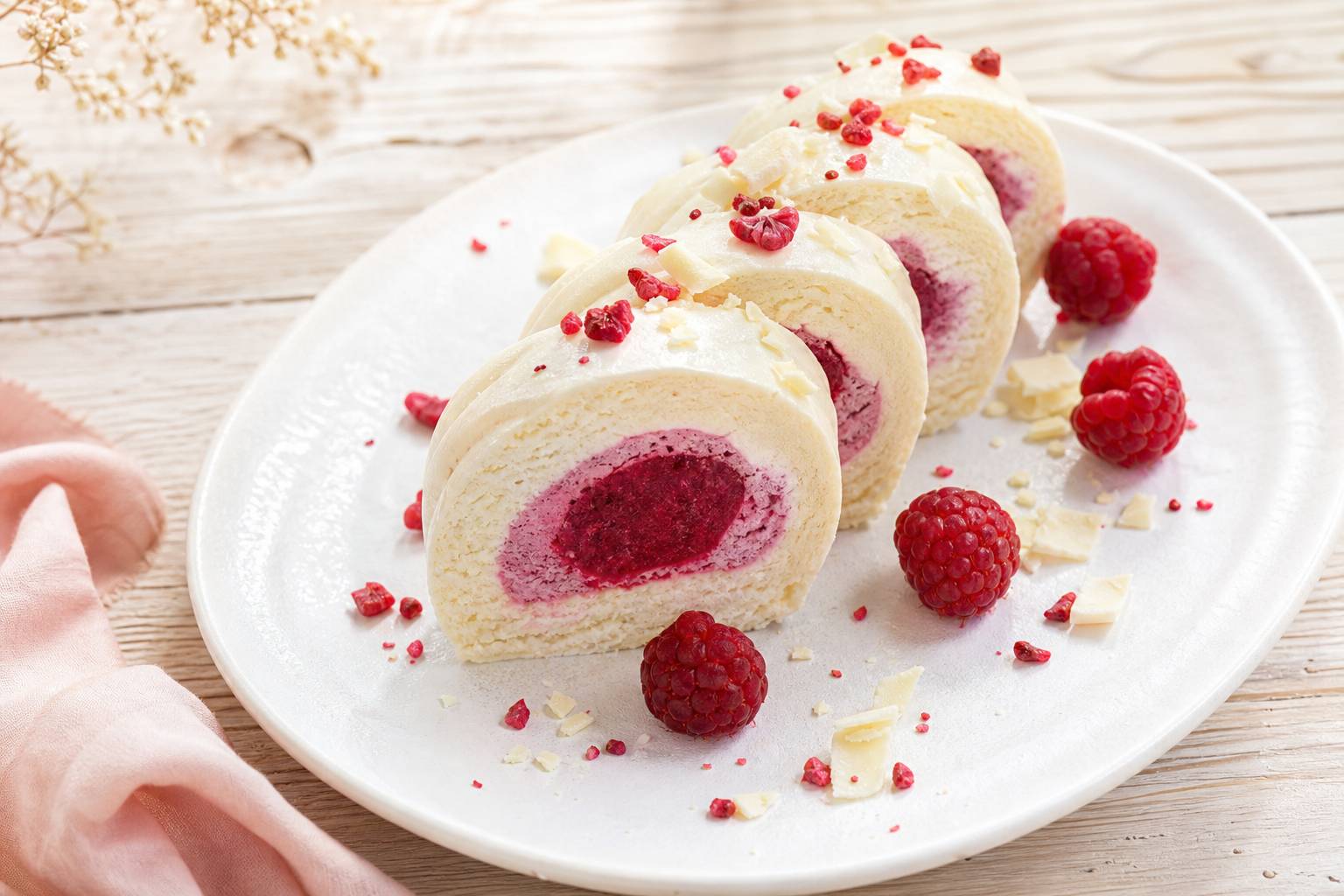 Tranches de bûche chocolat blanc framboise sur assiette élégante