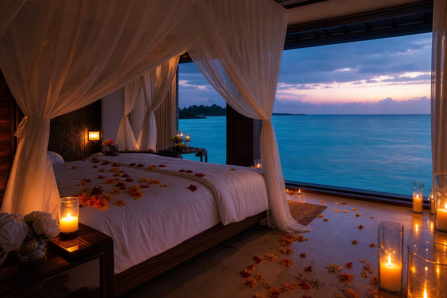 Chambre romantique lit baldaquin vue mer pétales bougies