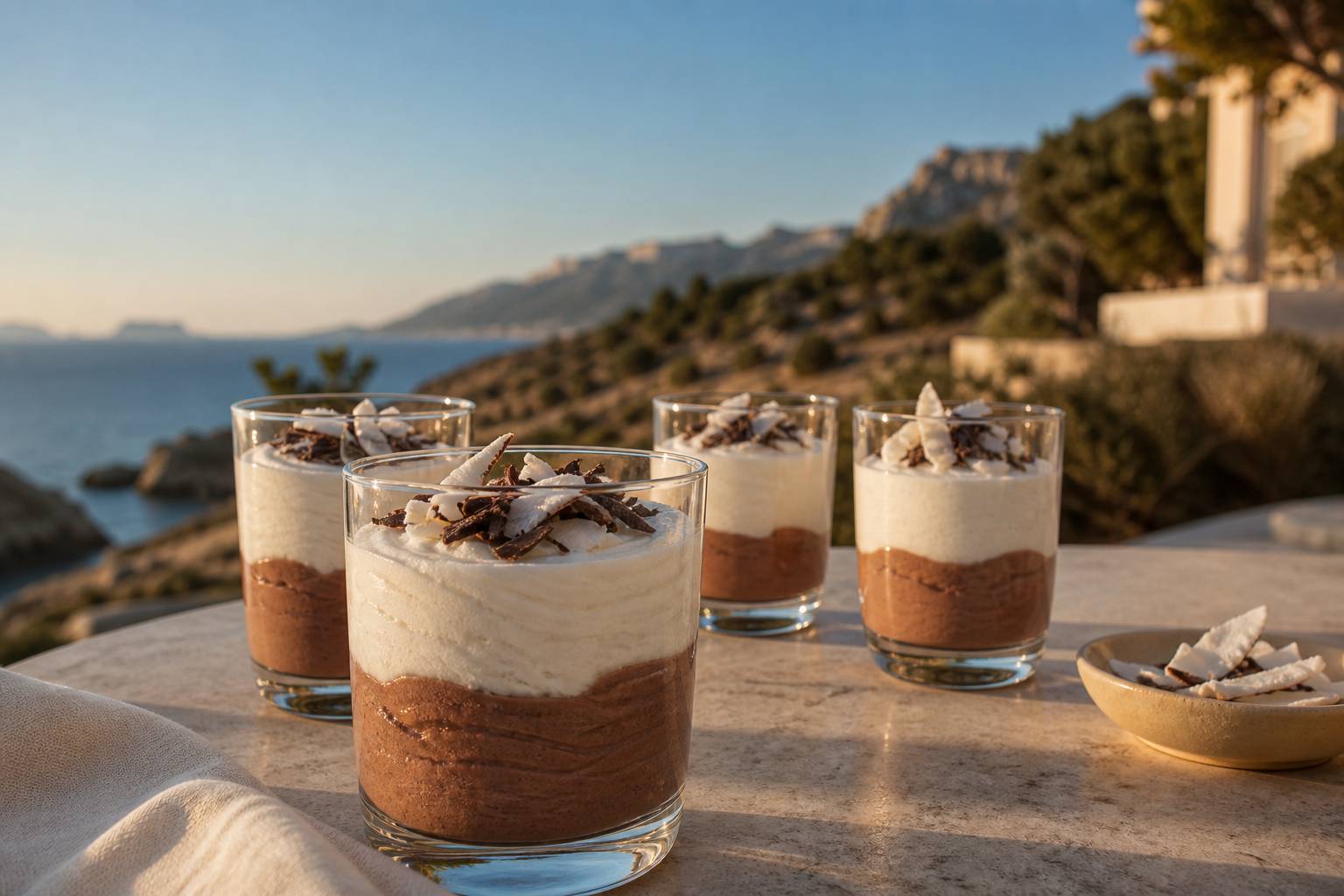 Delice en verrine mousse chocolat noix de coco dessert elegant