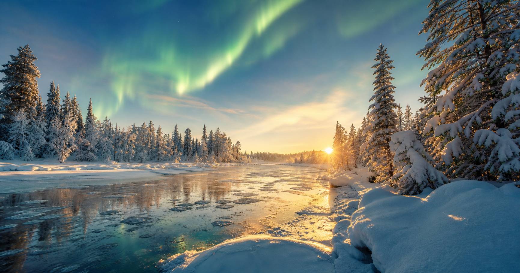 Paysage de Laponie enneigé avec aurores boréales et forêt magique