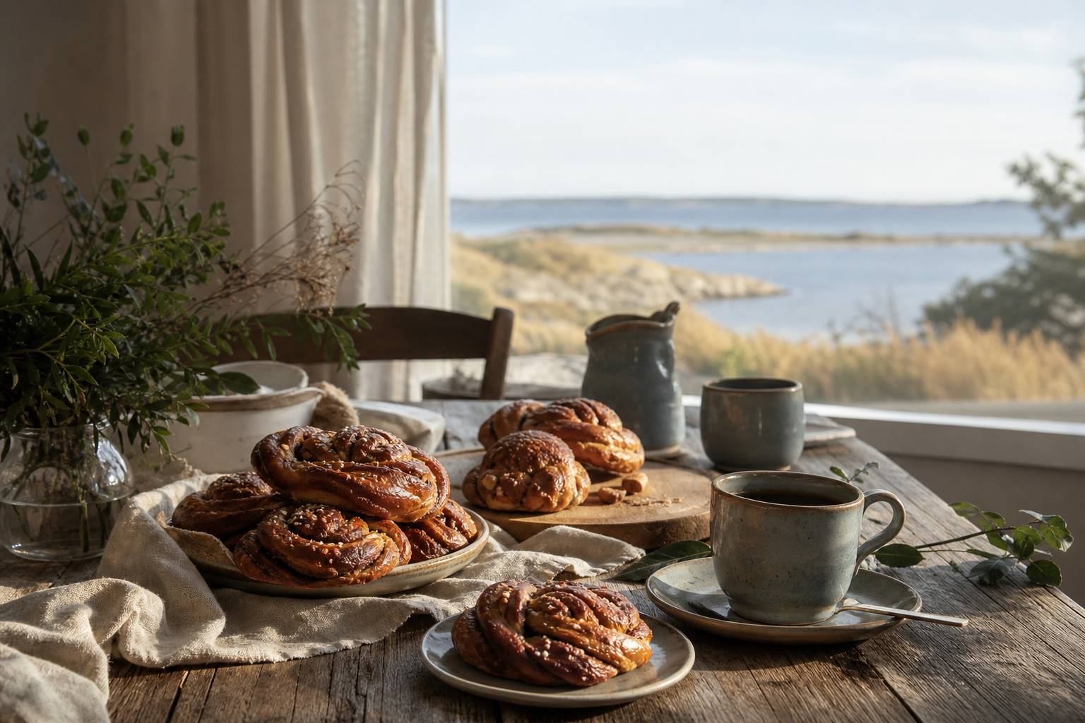 Kanelbullar brioches suédoises à la cannelle sur table bois avec café décor scandinave