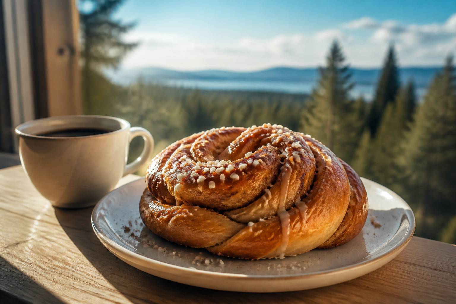 Kanelbulle brioche suédoise à la cannelle avec glaçage posée sur assiette avec café
