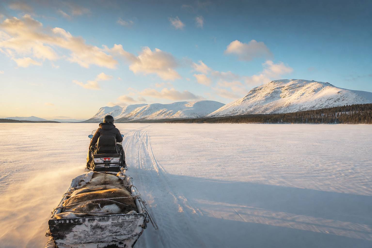 Personne conduisant une motoneige sur un lac gelé entouré de montagnes enneigées en Laponie