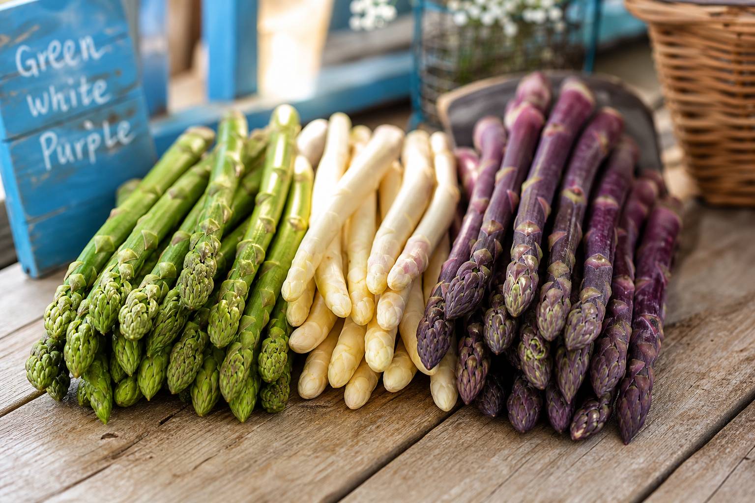 Détail d'asperges vertes blanches et violettes fraîches sur table en bois