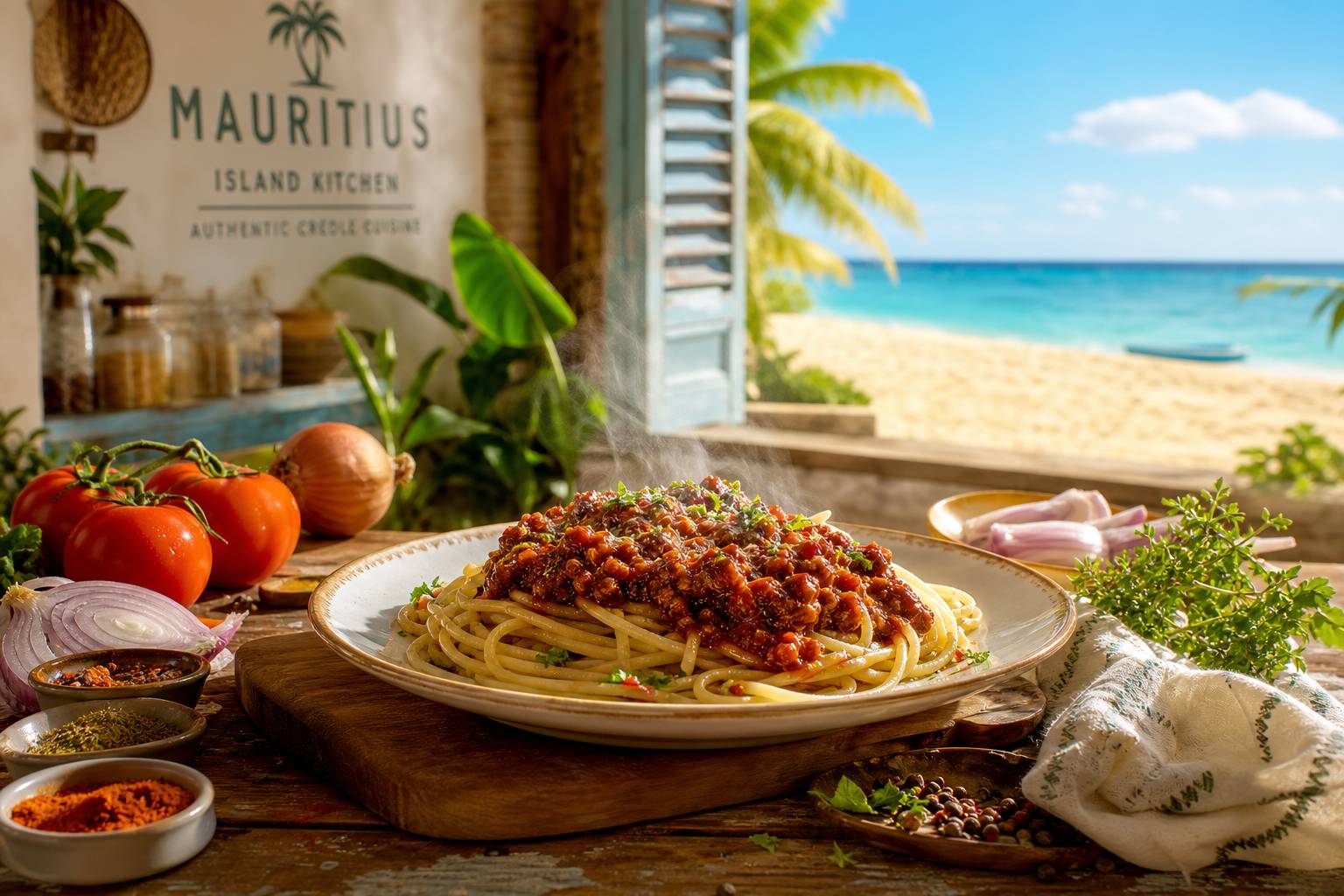 Pâtes au corned beef sauce tomate dans une assiette, spécialité mauricienne sur table en bois