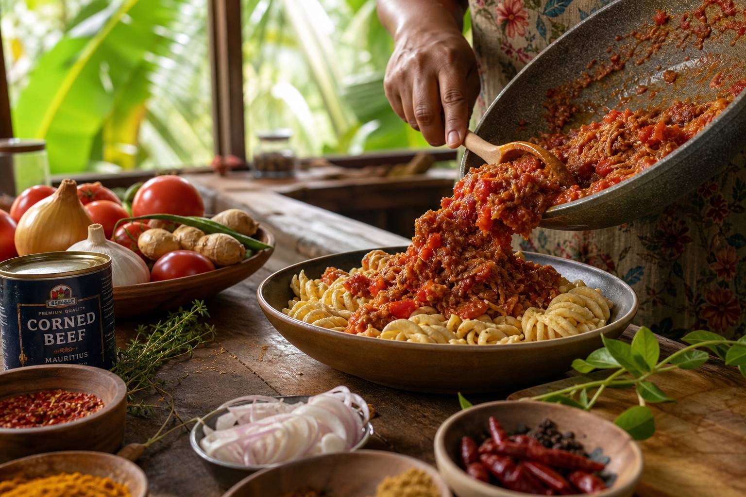 Préparation de pâtes au corned beef avec tomates fraîches et épices créoles à l'île Maurice