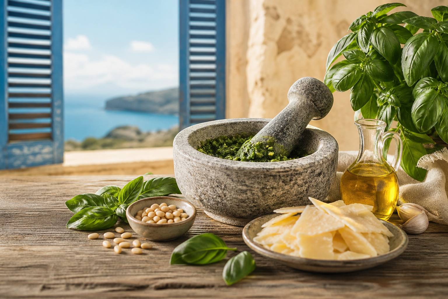 Mortier basil frais pignons parmesan pesto maison