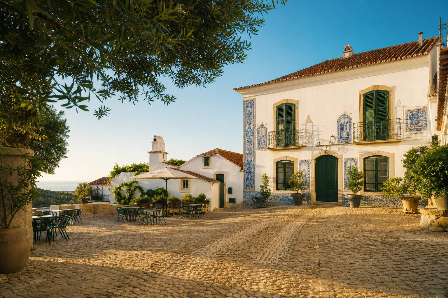 Place de village portugais avec maisons blanches et terrasses de café