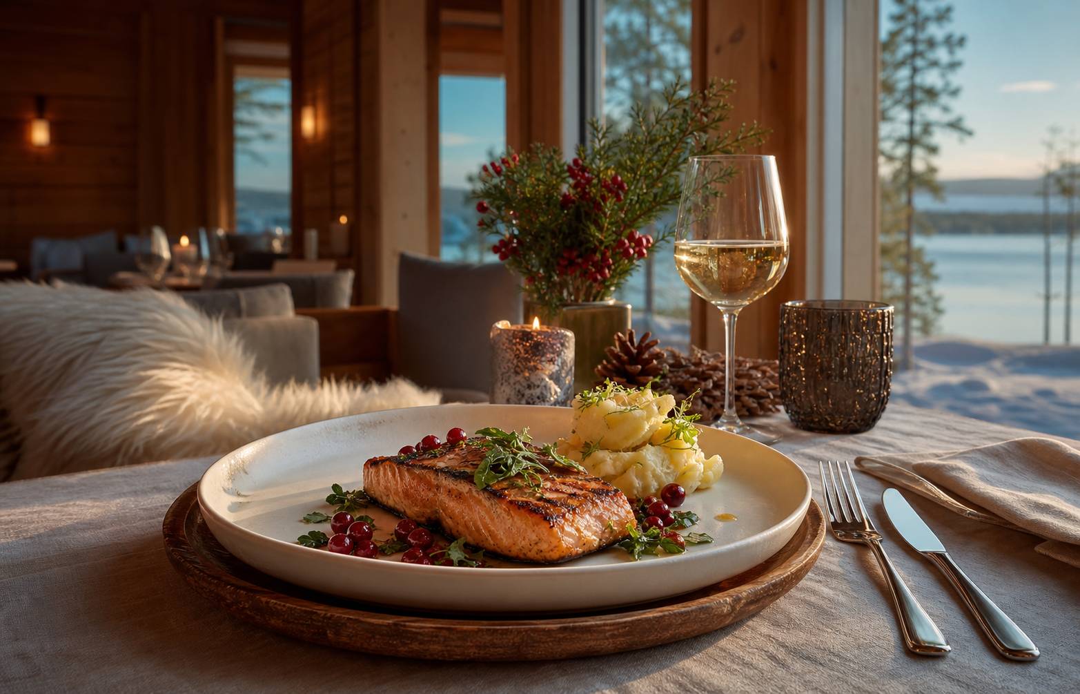 Plat de spécialités finlandaises saumon grillé et baies dans restaurant cosy Rovaniemi