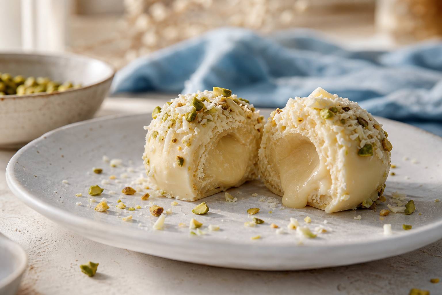 Truffe chocolat blanc coupee en deux coeur fondant pistache