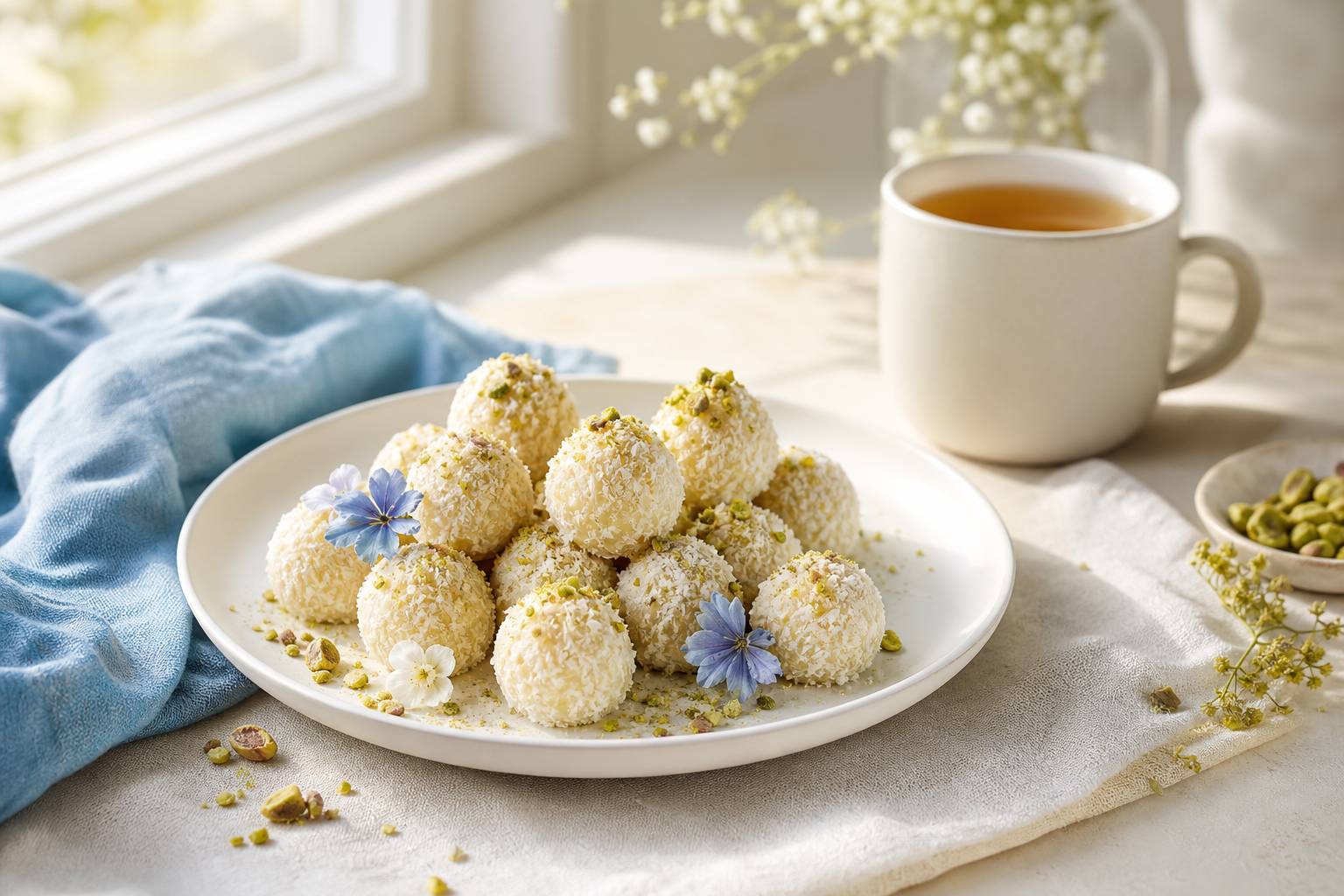 Truffes au chocolat blanc noix de coco pistaches et the