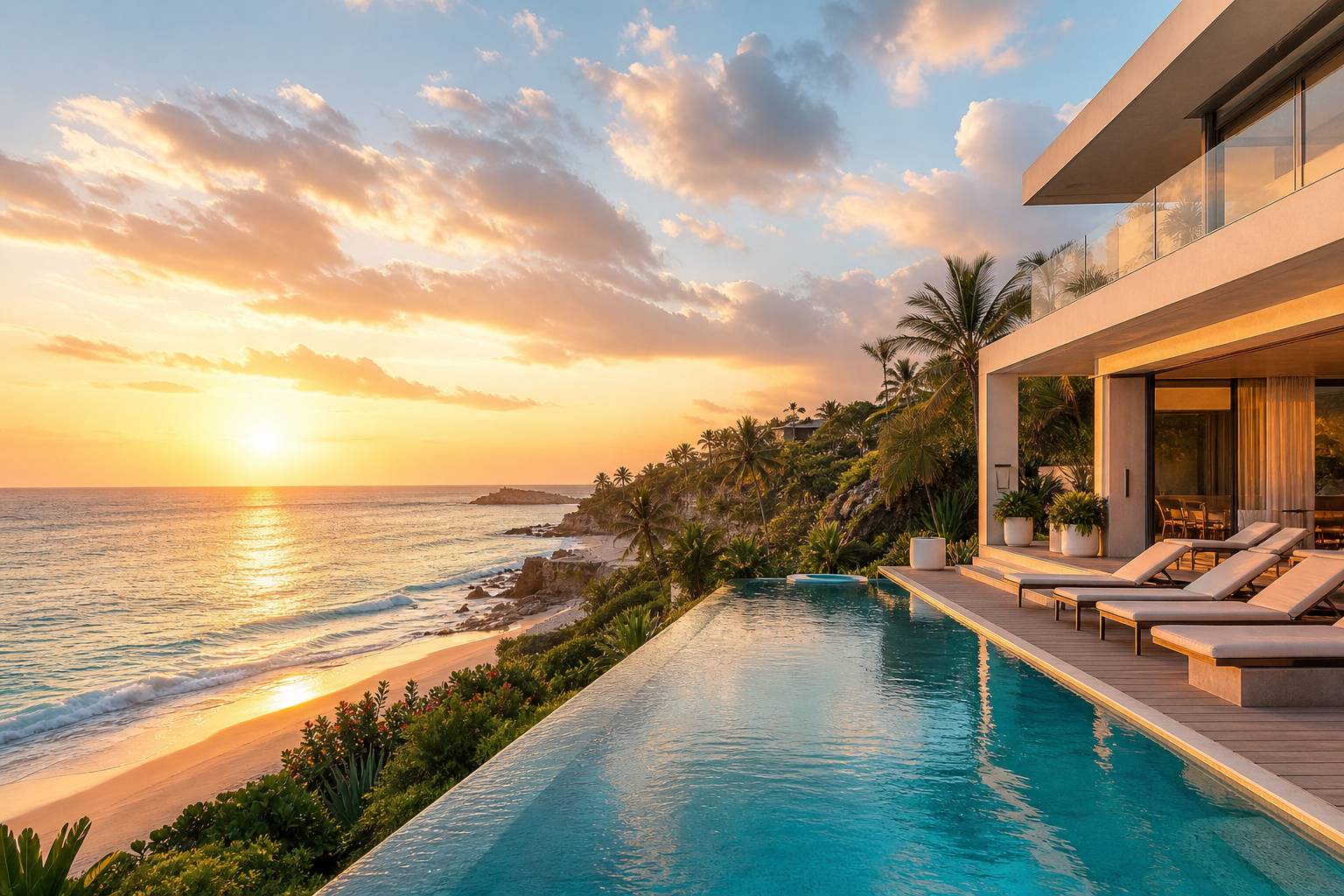 Villa luxe bord de mer piscine débordement coucher soleil
