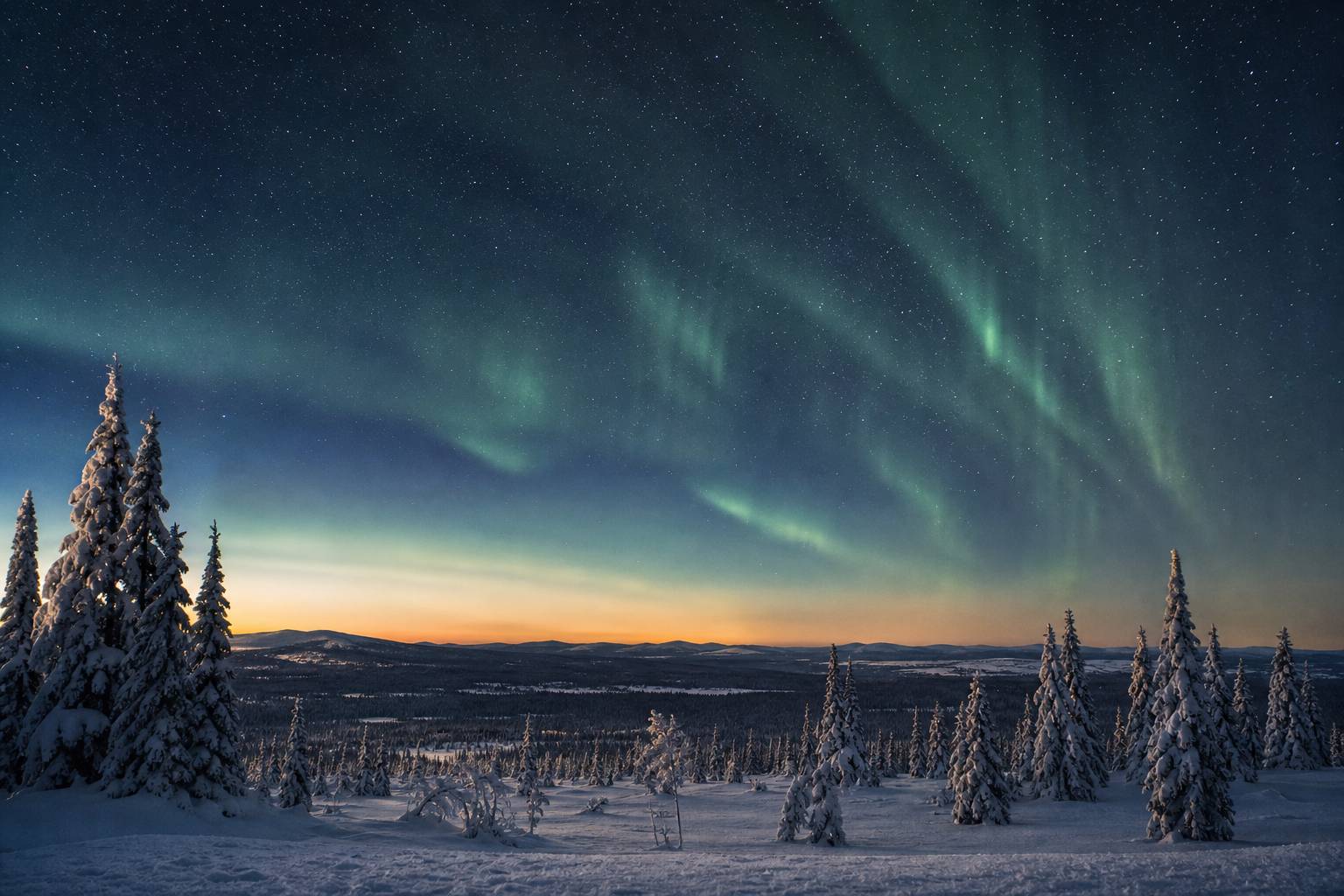 Aurores boreales laponie nuit etoilee paysage enneige magique