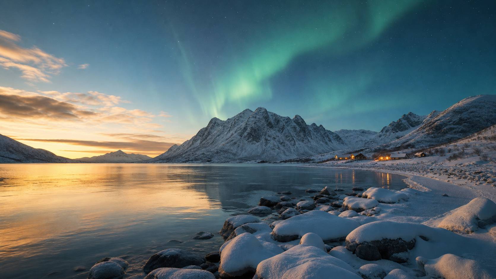 Paysage hivernal norvégien avec aurores boréales et montagnes enneigées près de Tromsø