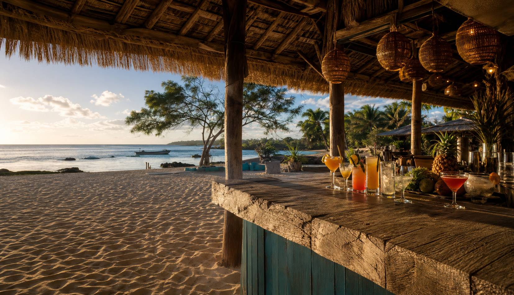 Bar de plage tropical avec cocktails et vue sur l'océan dans un club de plage mauricien