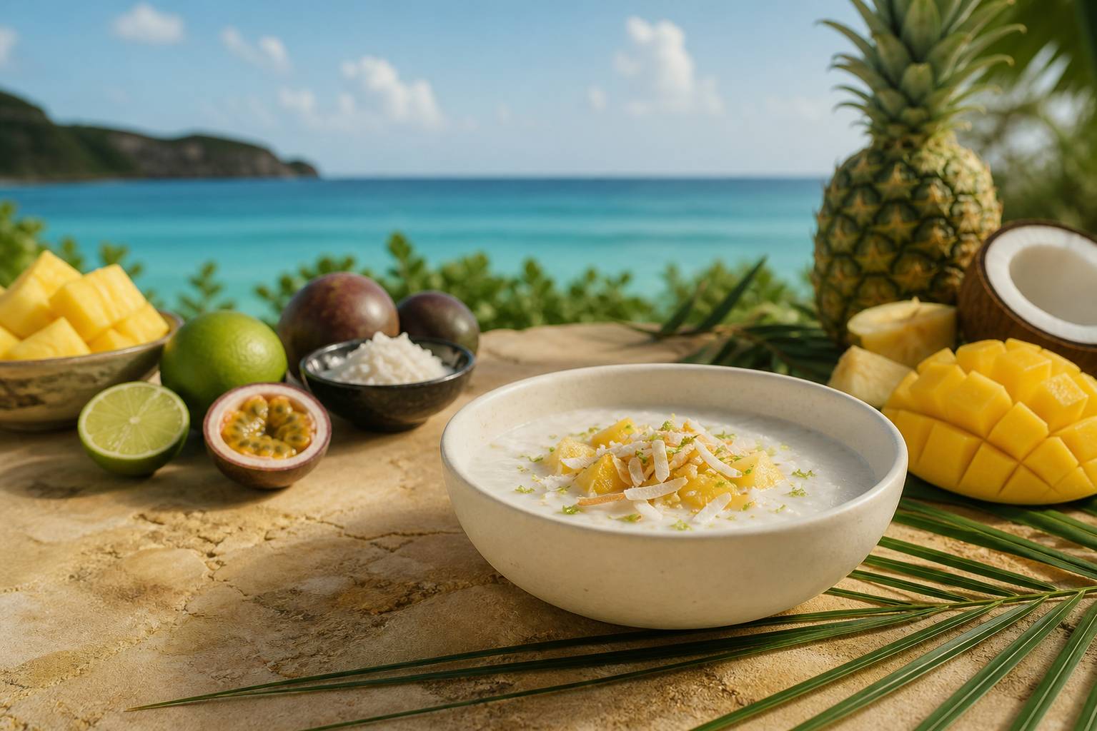 Dessert antillais blanc manger coco présenté avec fruits exotiques et décoration tropicale