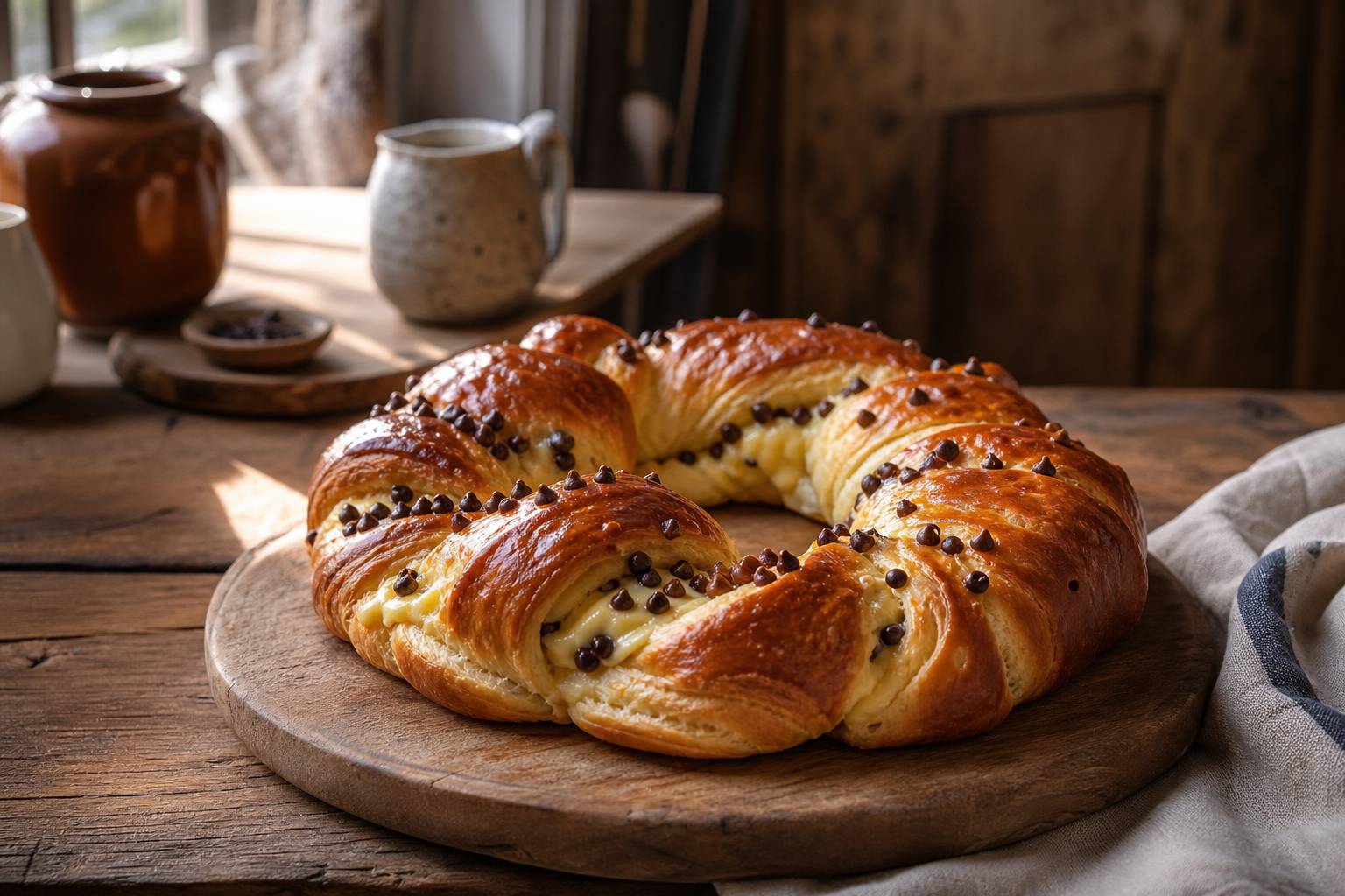 Brioche chinoise gourmande au chocolat et crème pâtissière sur table en bois