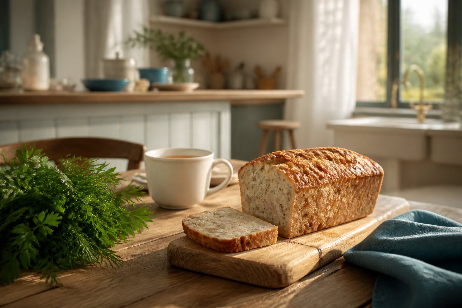 Cake au thon entier sur planche a pain avec herbes fraiches et tasse de the