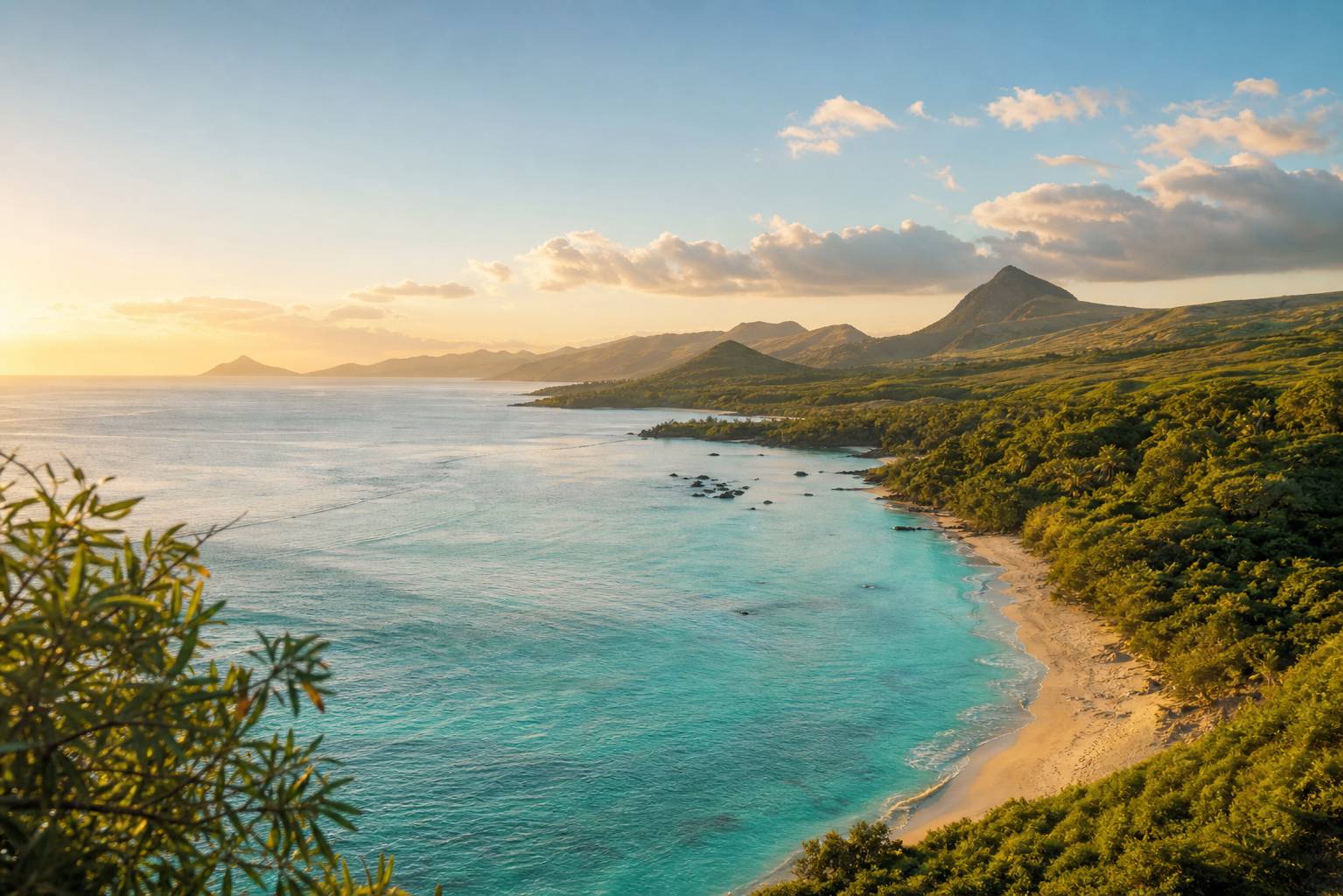 Paysage tropical ile Rodrigues lagune turquoise plage sable dore