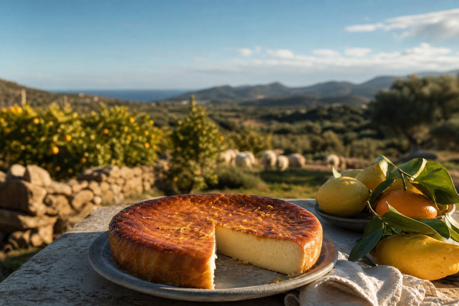 Fiadone corse sur une assiette blanche, décor de campagne corse, fromage frais et citron