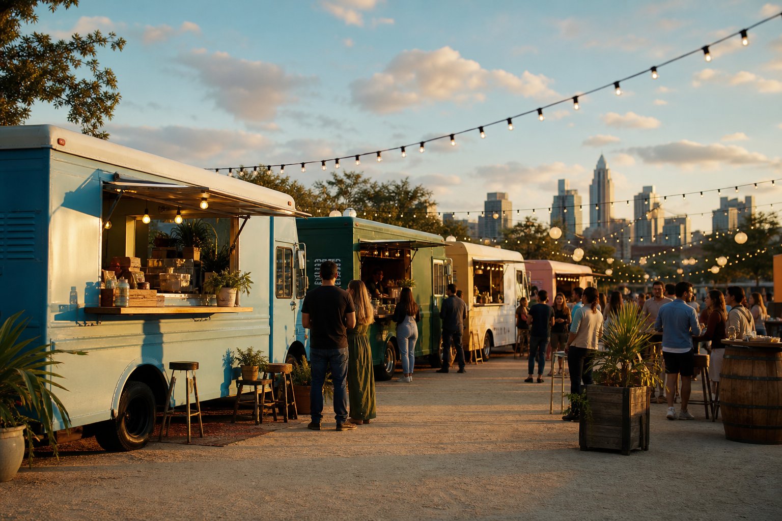 Plusieurs foodtrucks colores alignes sur place de marche animee en ville au crepuscule