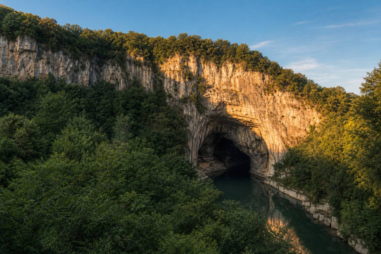 Entrée majestueuse des Grottes de La Balme dans une falaise calcaire entourée de forêt verte