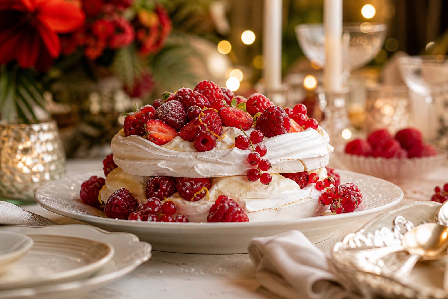 Pavlova en forme de sapin de Noël garnie de fruits - vue détaillée
