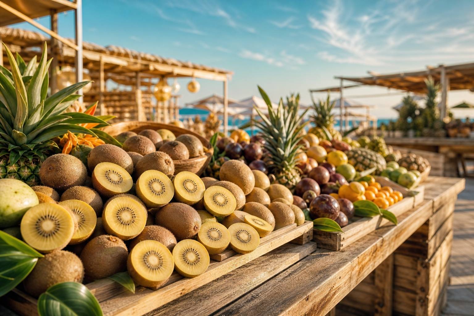 Kiwis jaunes Gold sur un étal de marché de fruits tropicaux coloré