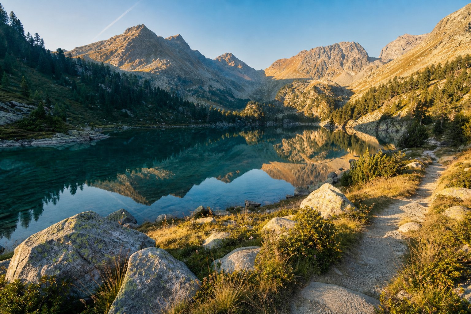 Lac glaciaire turquoise du Lauvitel entoure de montagnes et de forets dans le parc des Ecrins
