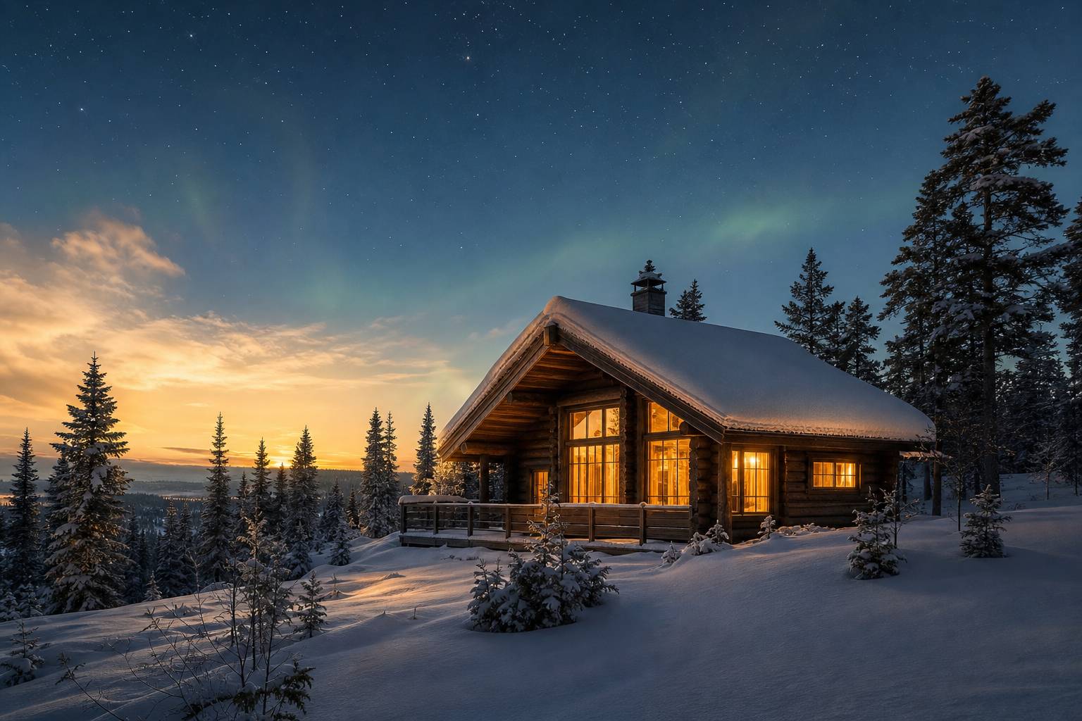 Chalet en bois traditionnel dans la neige en Laponie, ciel étoilé de Noël nordique