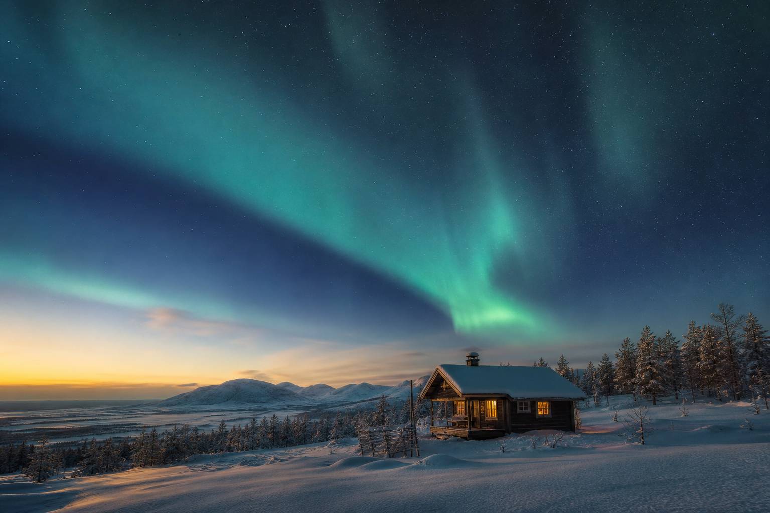 Cabane en bois laponie nuit aurores boreales neige ciel etoile