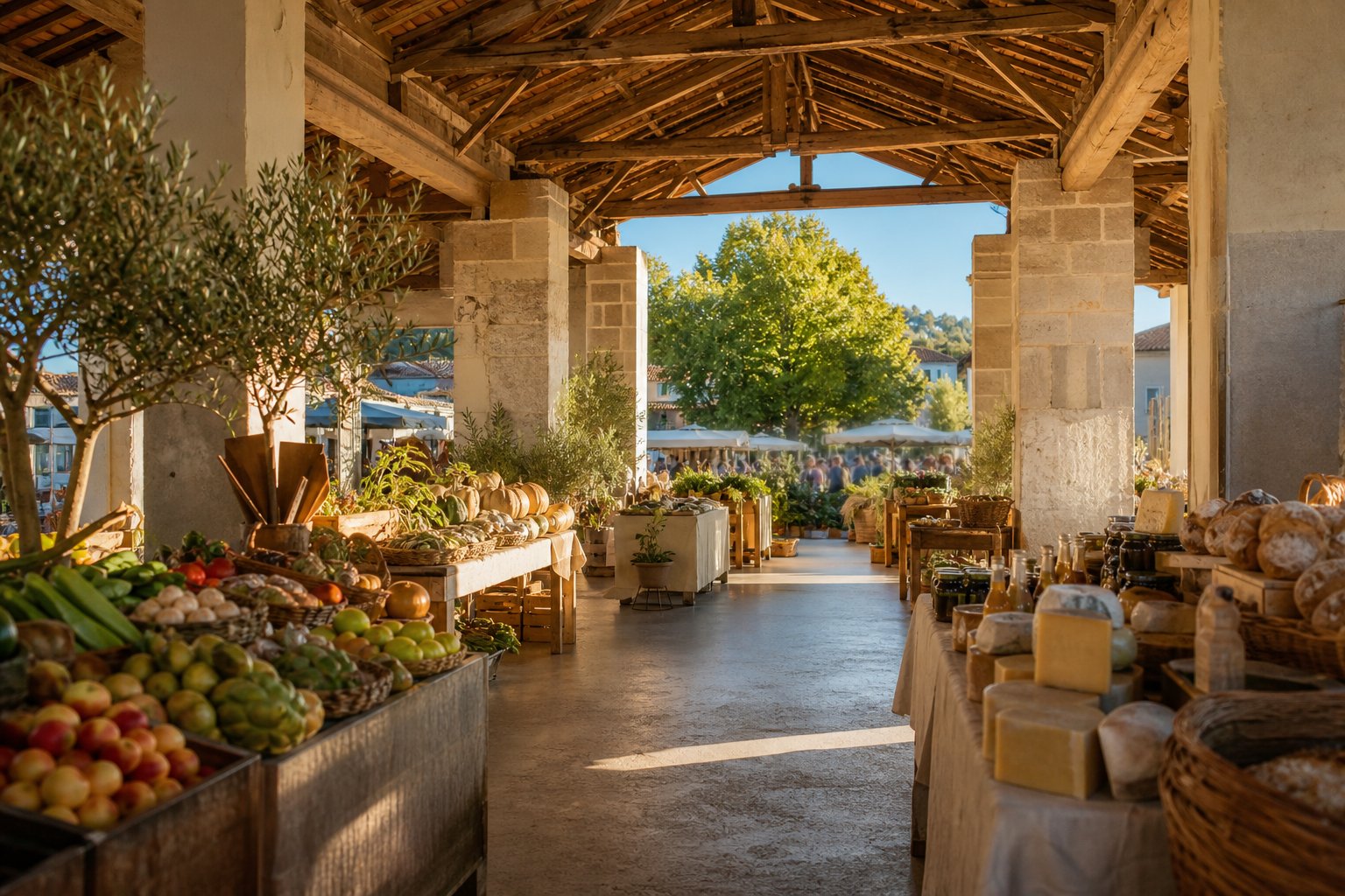 Marche couvert traditionnel avec etals de fruits legumes et specialites regionales du sud-ouest