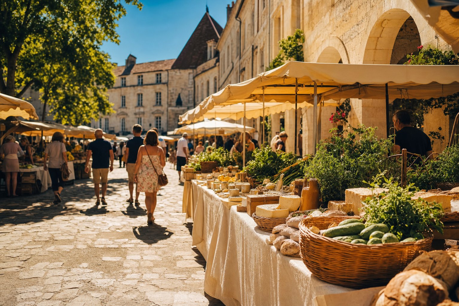 Marche gourmand en plein air avec etals de produits du terroir agenais sous lumiere doree