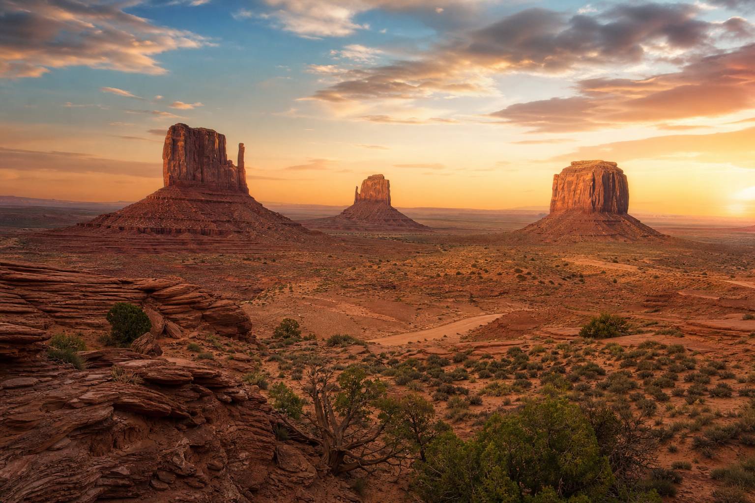 Paysage majestueux de Monument Valley au coucher du soleil, mesas rouges