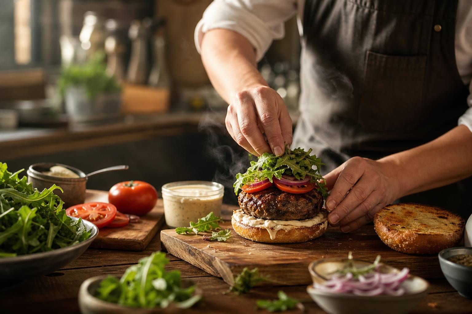 Cuisine professionnelle chef preparant un burger viande grillee ingredients frais