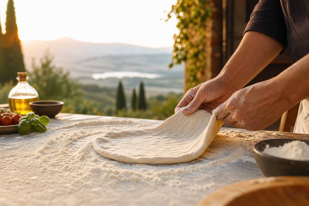 Preparation de pate a pizza sur plan de travail farine