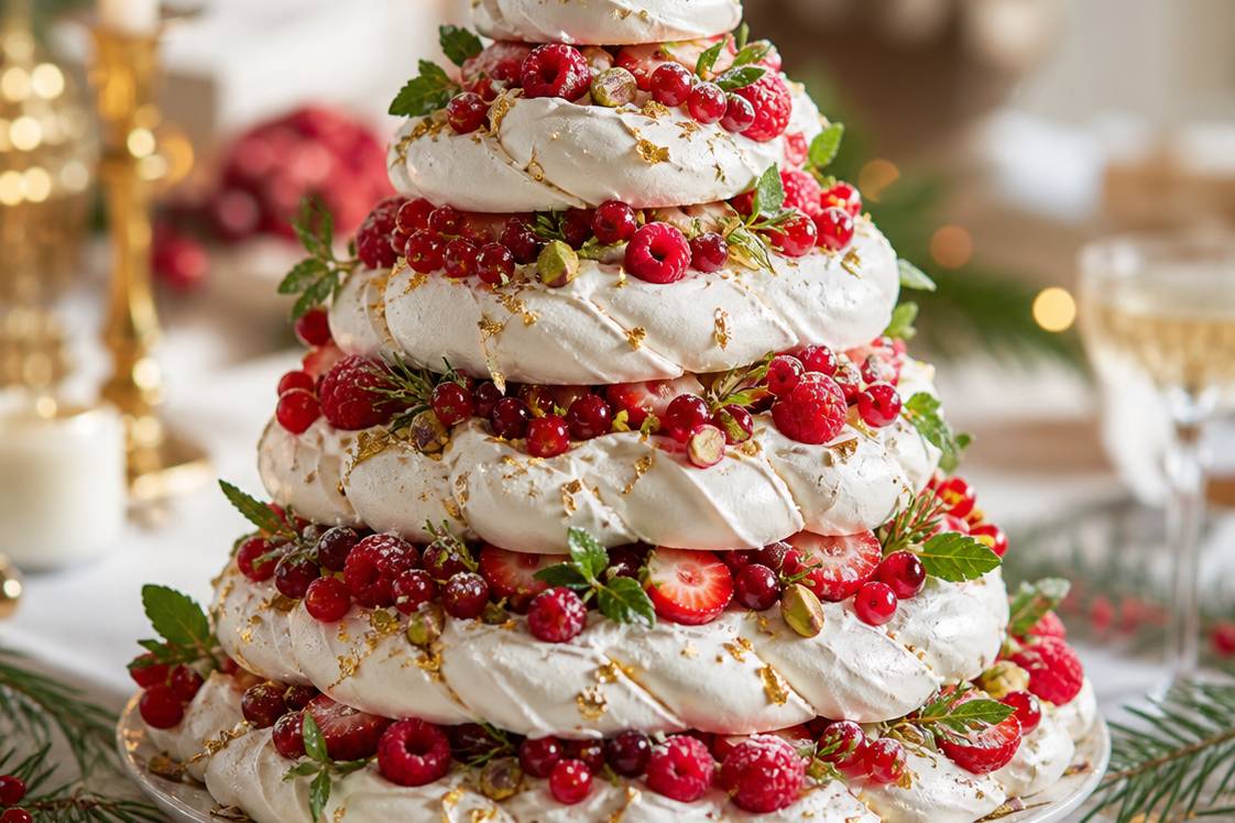 Pavlova en forme de sapin de Noël garnie de fruits - illustration éditoriale