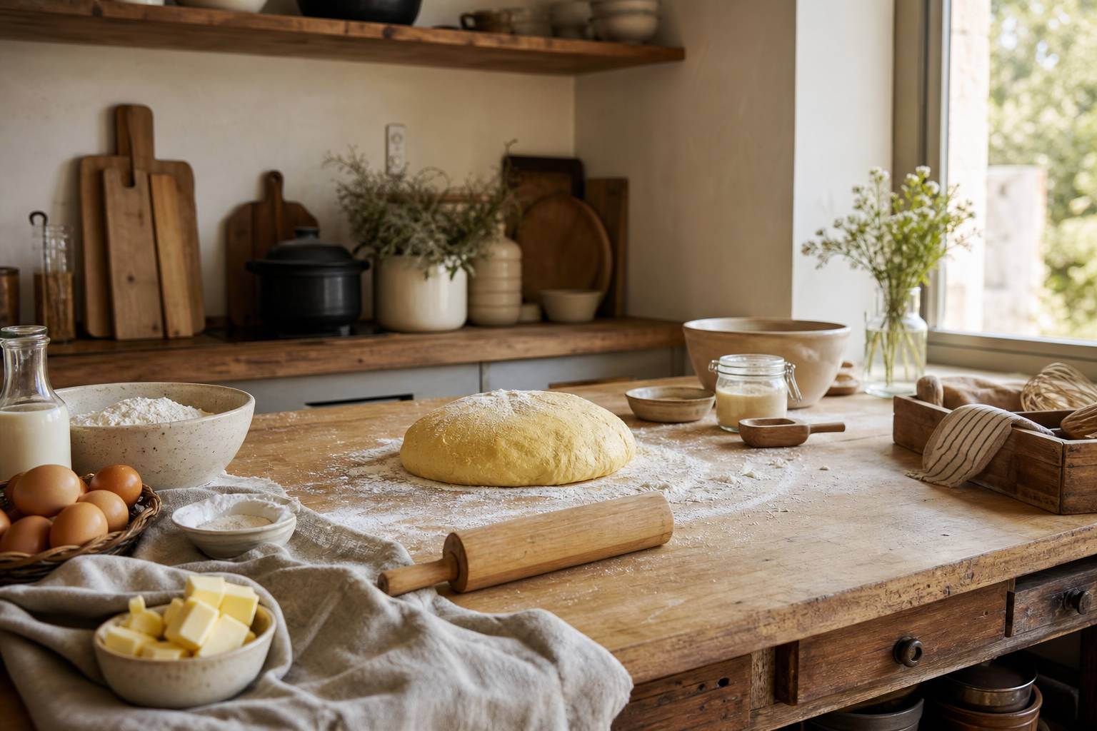 Préparation artisanale de pâte à brioche chinoise sur plan de travail fariné
