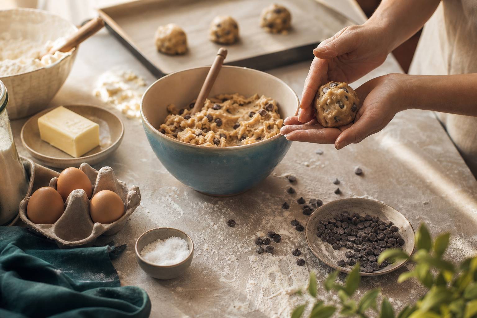 Preparation de pate a cookies avec pepites de chocolat et ingredients bruts sur plan de travail