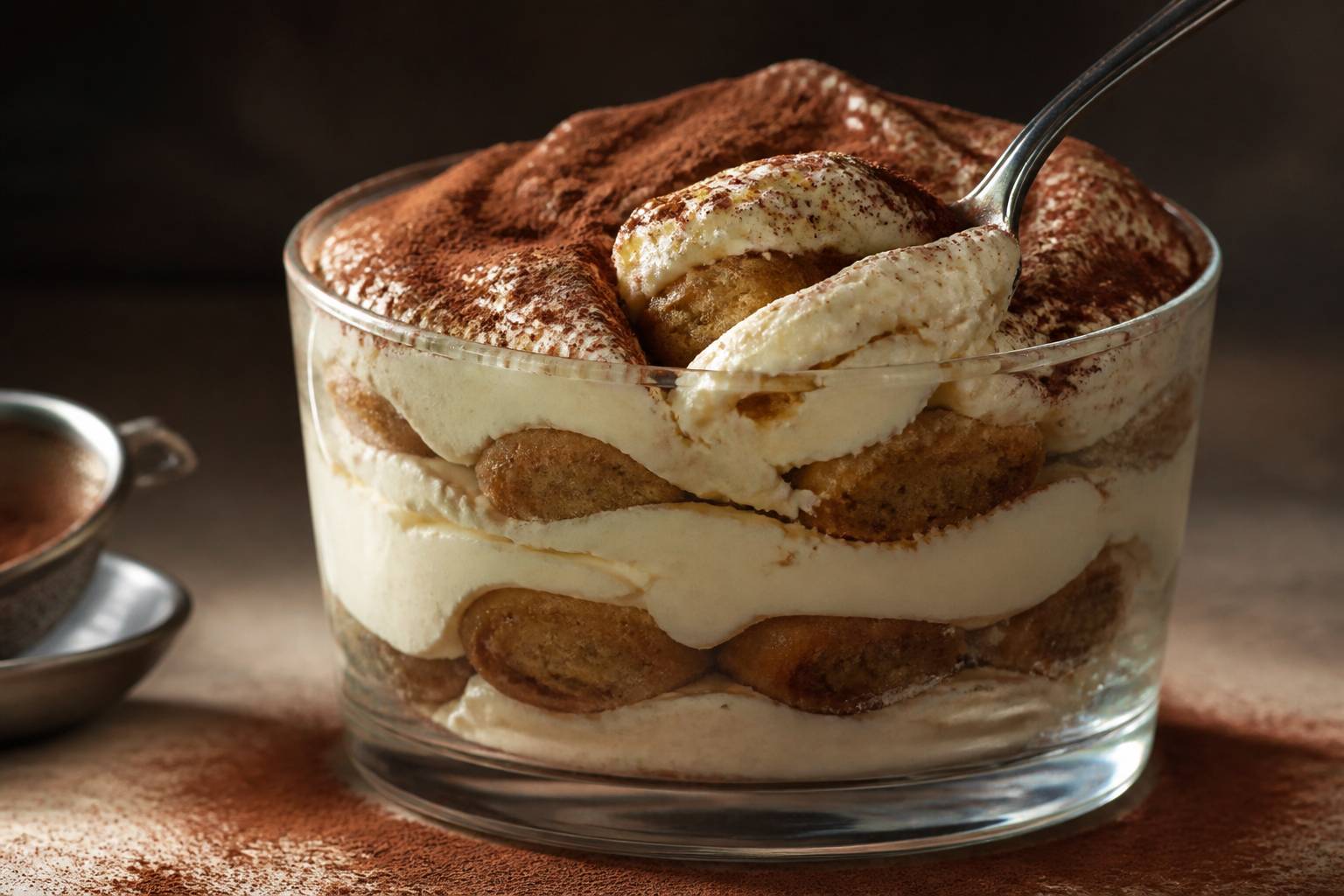 Préparation du tiramisu avec couches alternées de biscuits imbibés de café espresso et crème mascarpone onctueuse