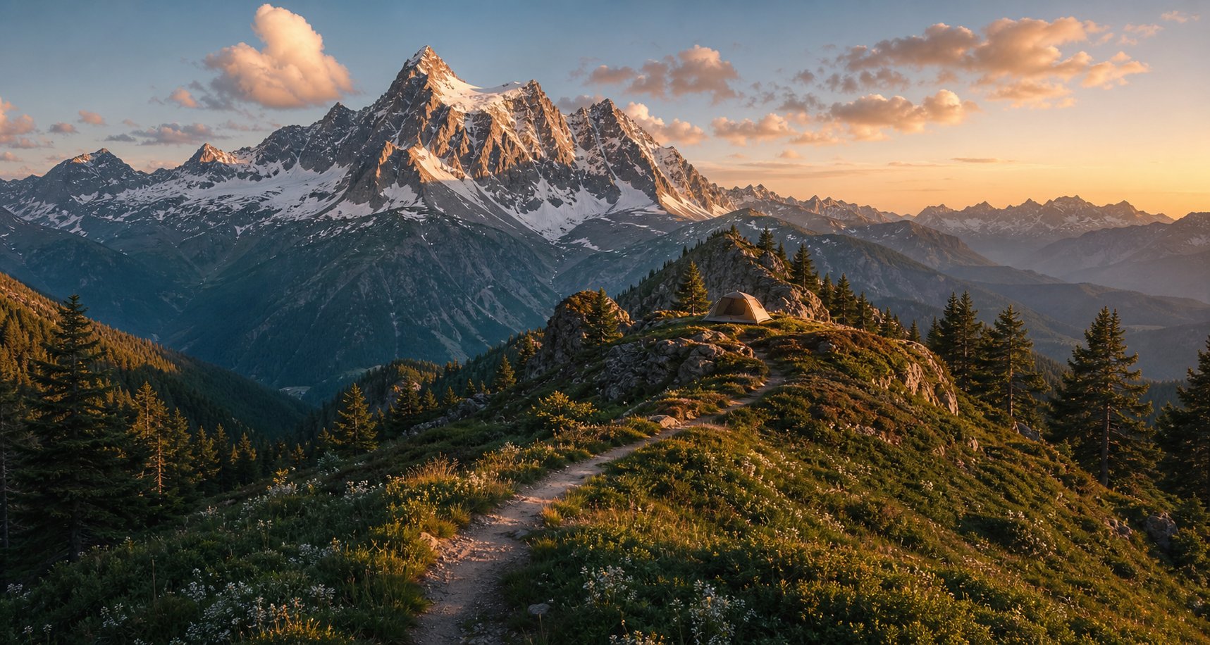 Paysage de montagne au lever du soleil avec sentier de randonnée et prairie alpine